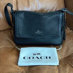 Coach Large Etta Flap Bag with Black Pebbled Leather and Gunmetal Hardware